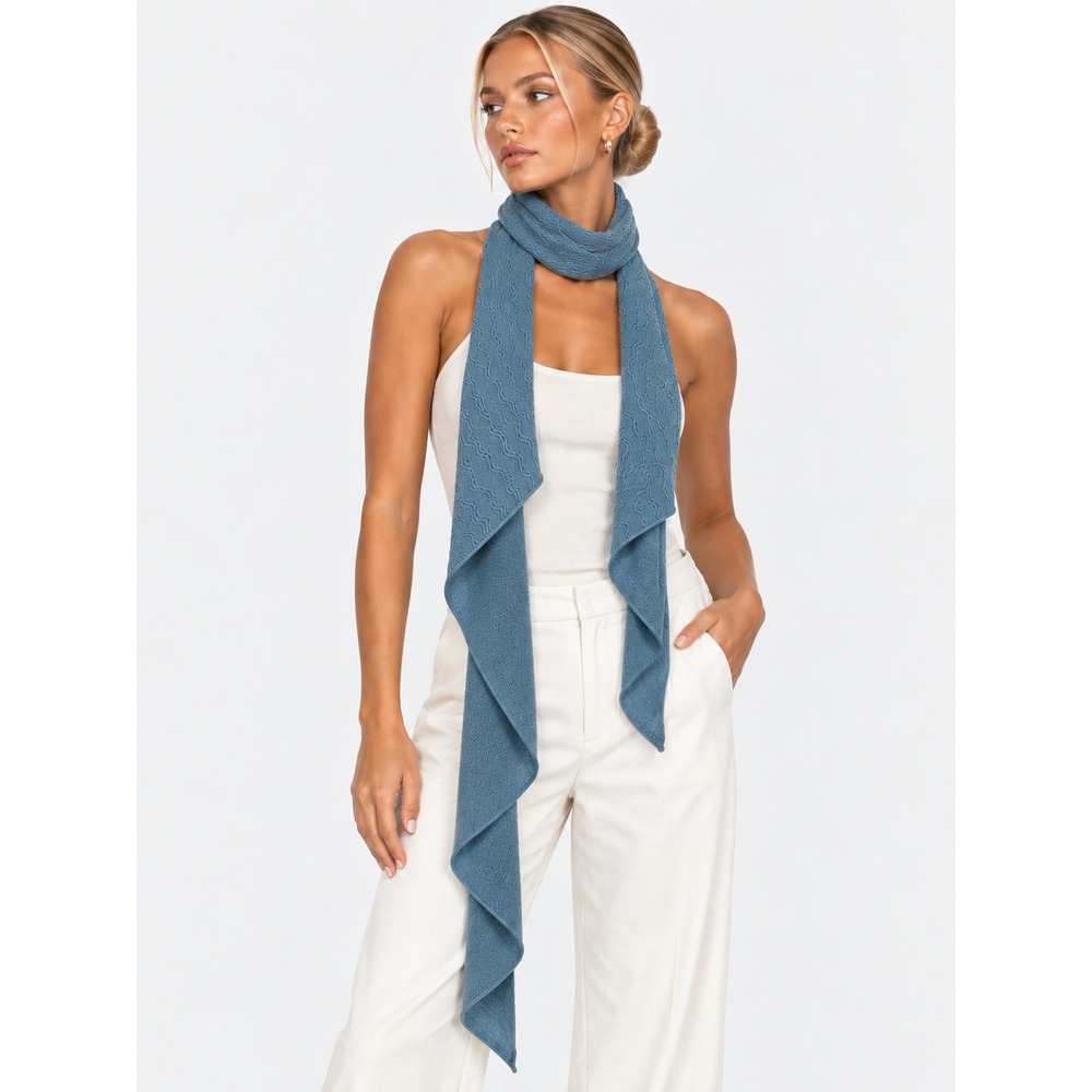 JHK Shetland Wool Blue Wavy Knit Scarf Textured Winter Wrap